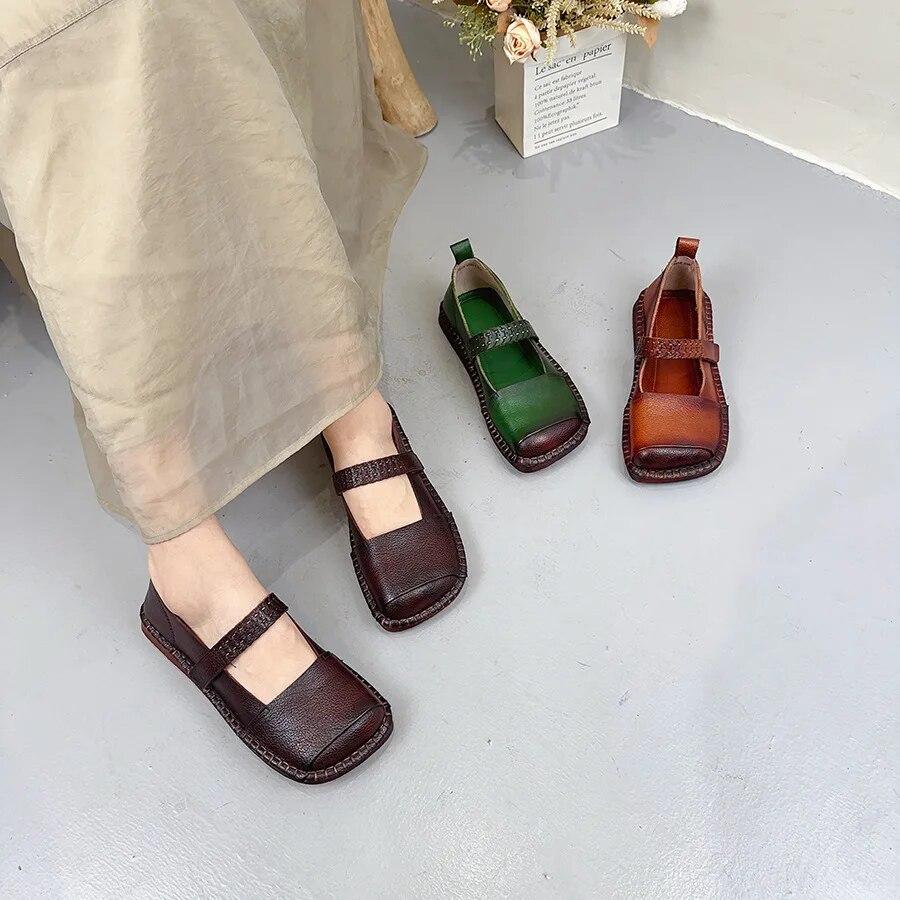 Johnature Pantofi plati cu varf patrat din piele naturala de culoare solida Pantofi de dama retro din piele de vaci cu carlig si bucla