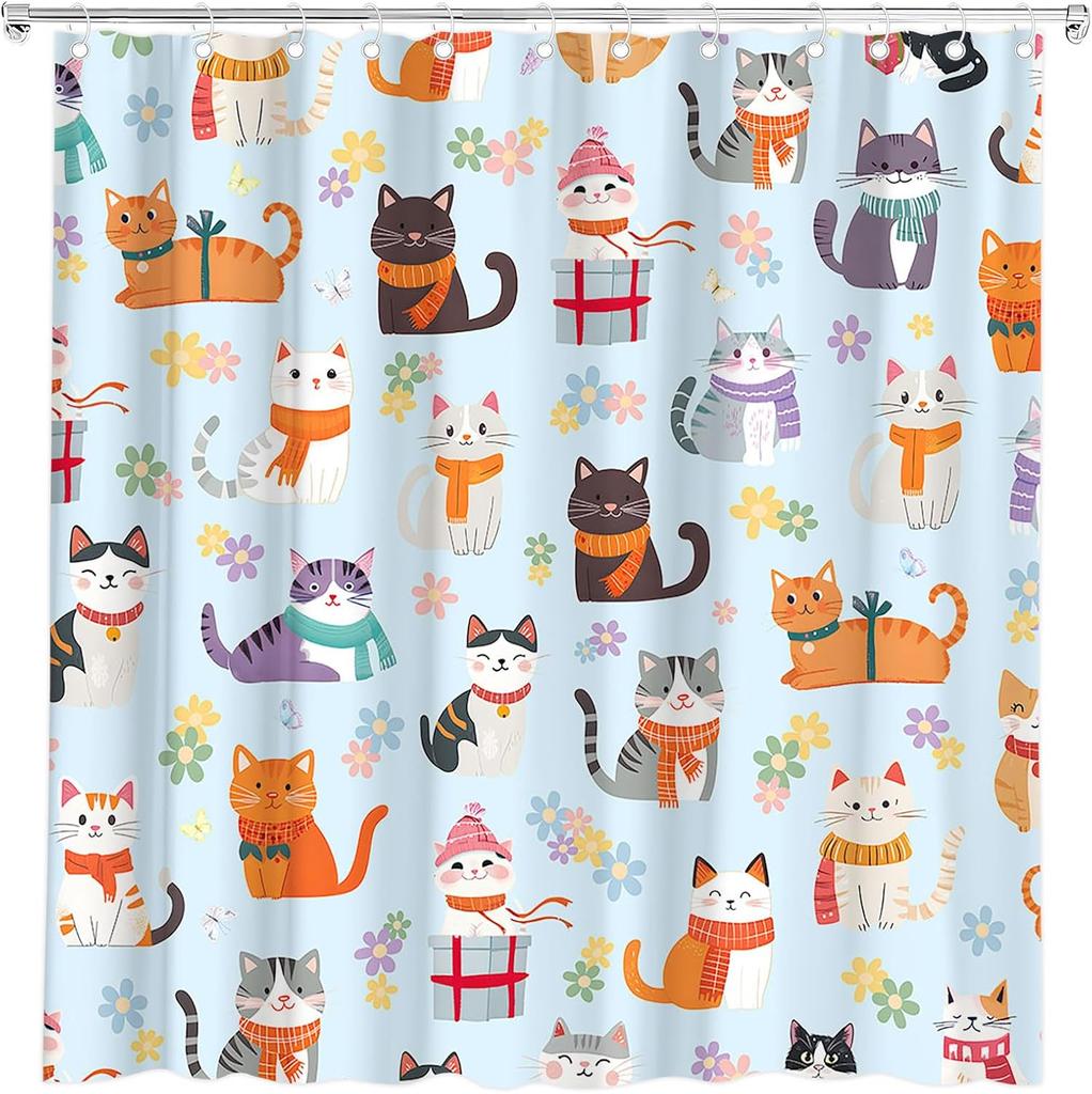 Lustiger Katze Duschvorhang Abstraktes Kätzchen Bunt Niedlich Floral Schmetterling Liebliche Haustiere Cartoon Tier Wildblume Modern Minimalismus