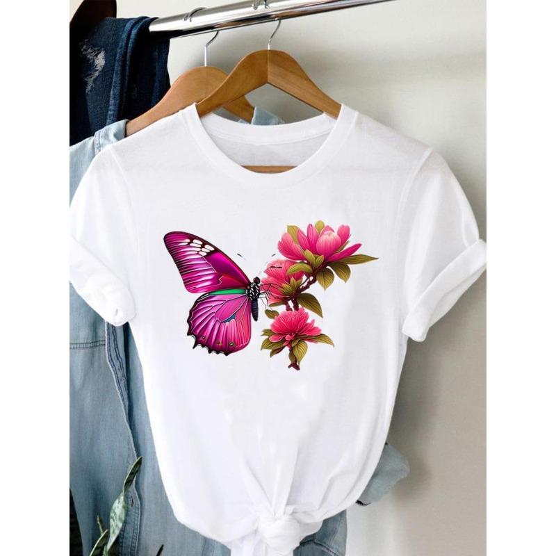(Marime europeana) Tricou Fluture Floare Tendință Femei Mânecă Scurtă Imprimeu Modă Damă Tricou Top Îmbrăcăminte Casual Feminină Tricouri Grafice