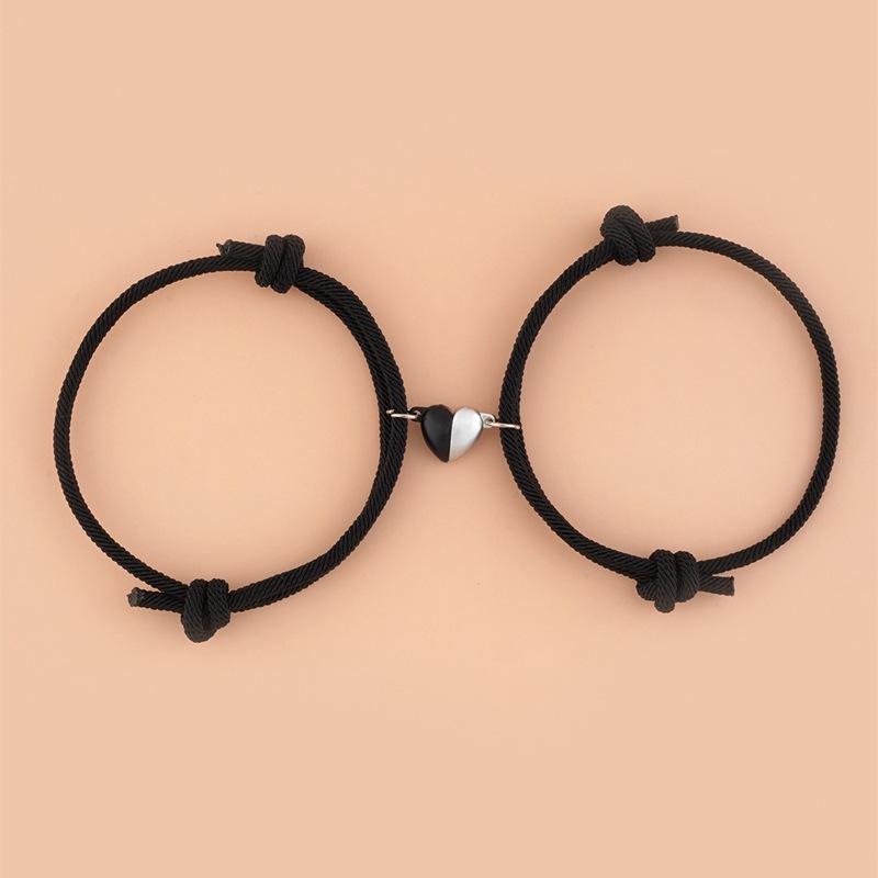 2 Pieces Set Fashion Black White Hand Rope Love Magnetic Couple Bracelet Best Friend Party Elegant Coppery Heart Charm Gift