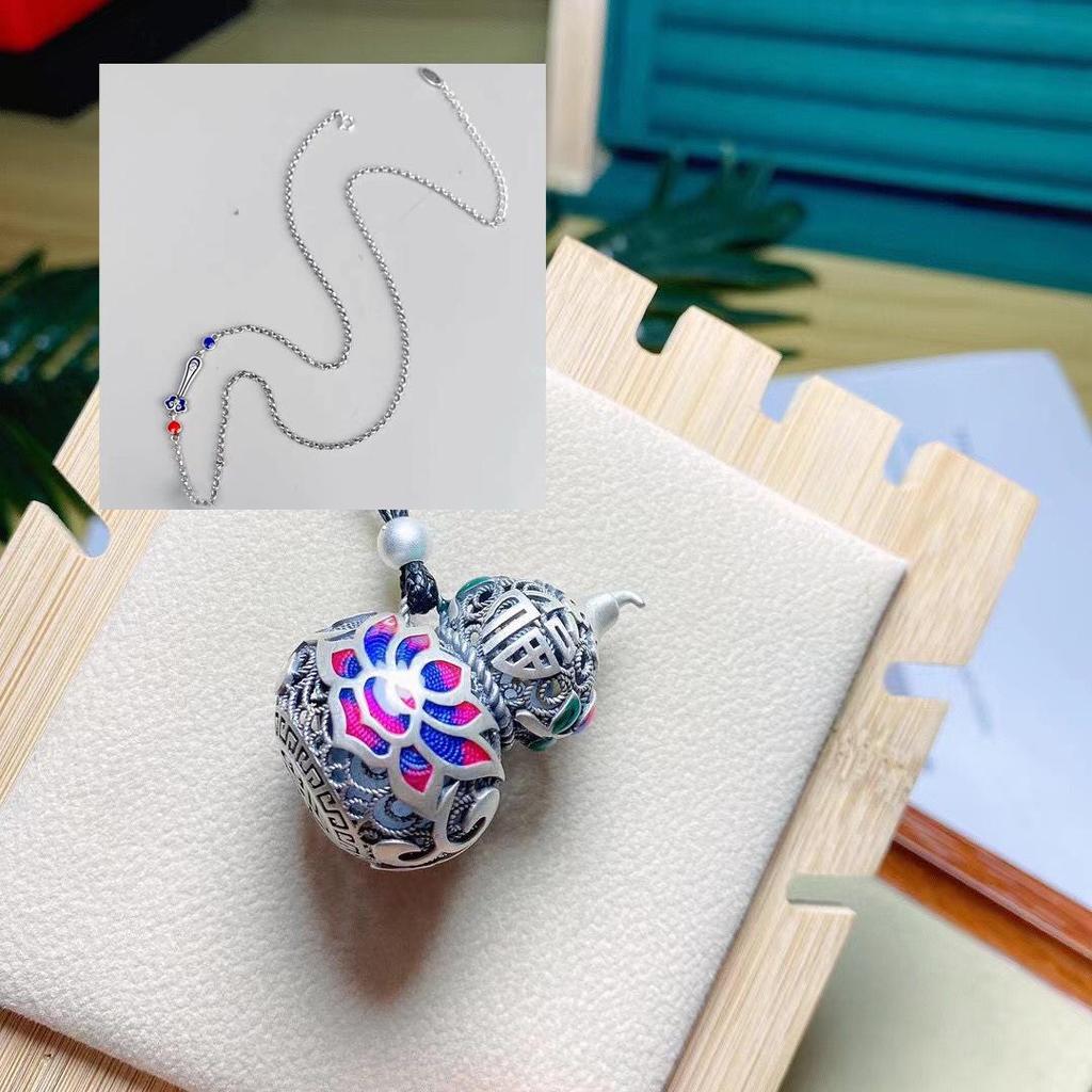 Ethnic Blue Enamel Gourd Pendant, 925 Sterling Silver Sweater Chain for Girls