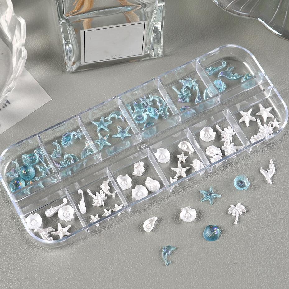 Xiaomi 12 Grids Starfish Conch Nail Charms White Dolphin Seahorse Palm Tree Resin 3D Nail Art Decorations Summer Manicure Accessories