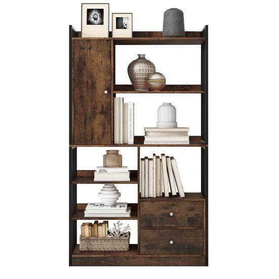 Tall Bookshelf Bookcase 6 Shelf Bookcase with Doors And Drawers Floor Book Display To Ceiling Industrial Steel Shelf Brown Standing