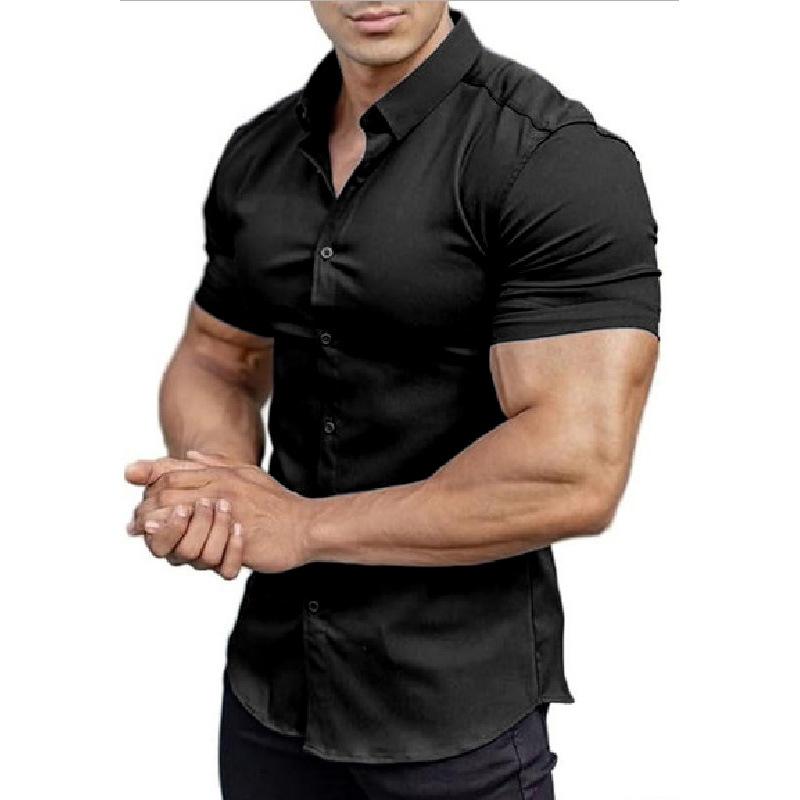 Summer Men Short Sleeve Casual Lapel Shirt Men Pure Color Hawaii Shirt Tops 100% Polyester S