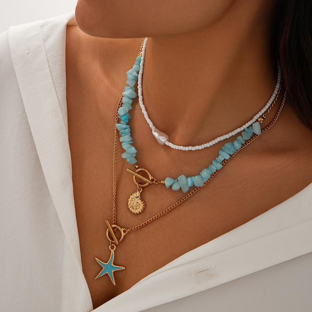 Beach Vacation Starfish Baroque Gravel Necklace, Sweet Ocean Wind Conch Beaded Necklace Women