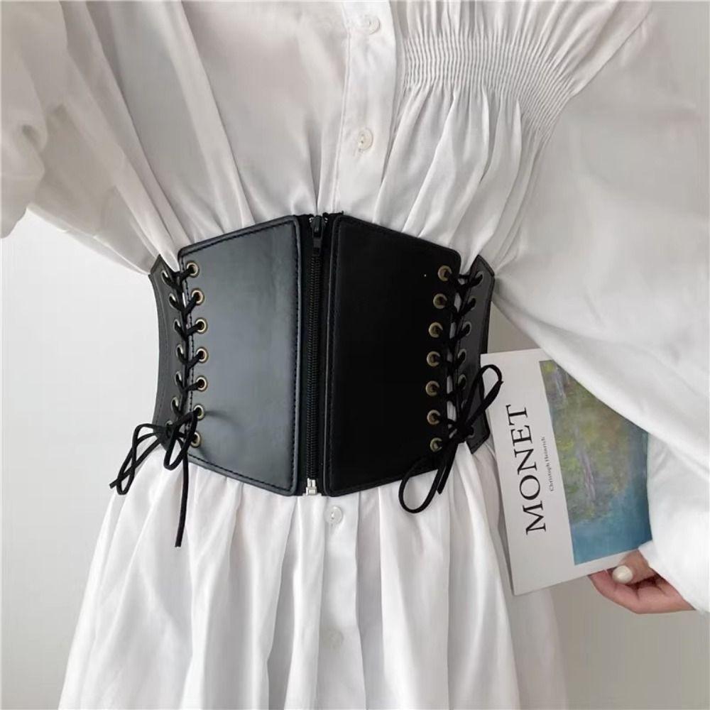 High Waist Zipper Cummerbunds PU Leather Wide Waist Belt Personality Female Waistband  Dress