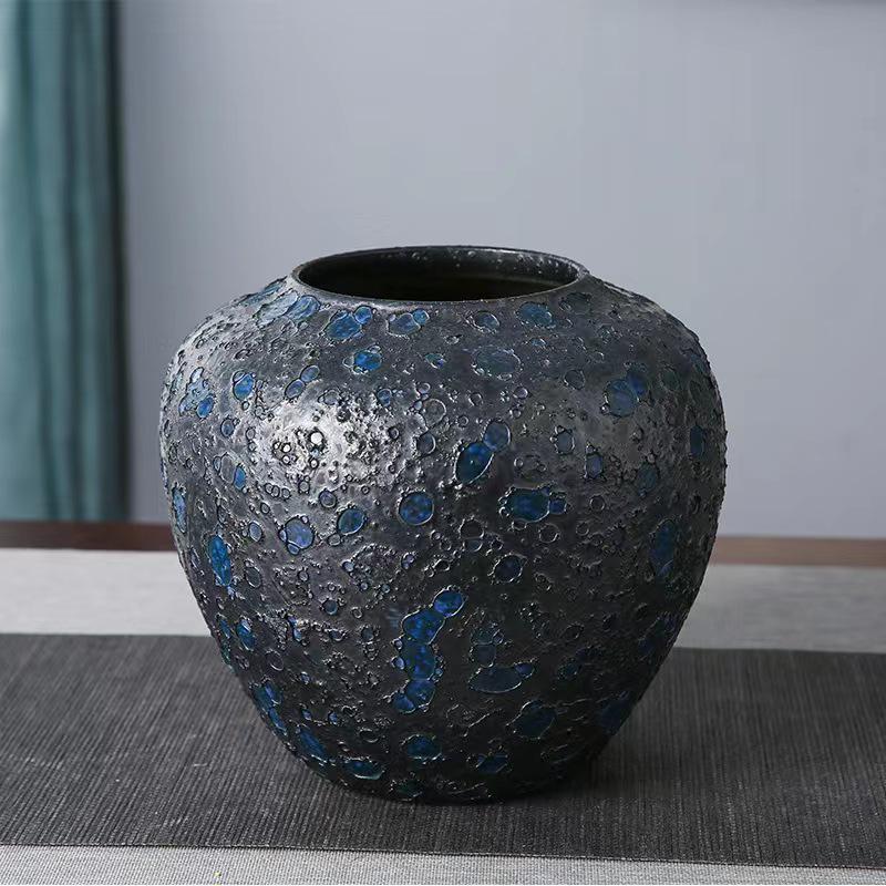 Jingdezhen Keramisk Vas Set - Ädelblå Bubbelglasyr med Silkesblommor (3-delad)