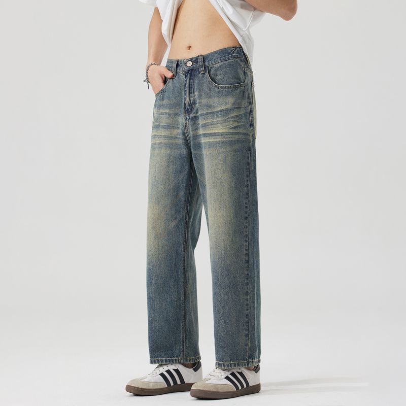 American retro trendy brand washed old nine-point jeans men's summer new loose wide-leg straight ripped pants