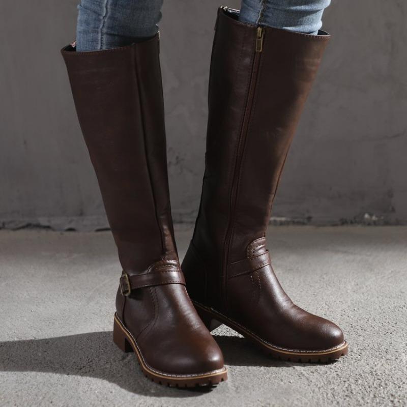Wish Large Size Women's Leather Boots Flat Bottom Round Head Belt Buckle Medium Boots Women's Boots