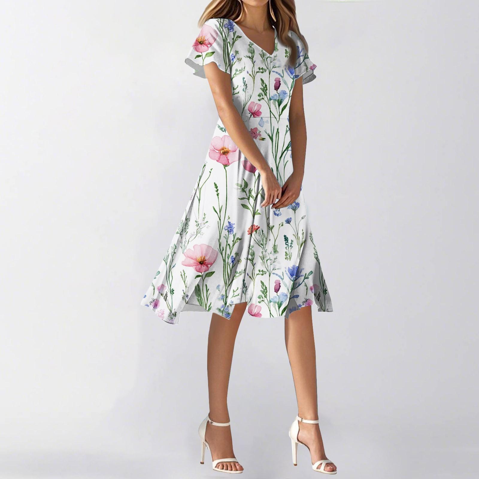 

Женское летнее повседневное модное платье с цветочным принтом и V-образным вырезом, короткая юбка с коротким рукавом XS белый
