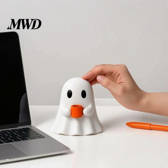 Modern Home Accents Ghost Drinking Coffee Figurine, 3D Printed Cute White Holding A Mug Figurine Statue, Spooky Halloween Decoration for Bars,