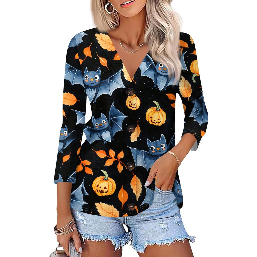 Damenmode Lässiges bedrucktes Button-Down-Hemd 3/4 lange Ärmel Oberteile