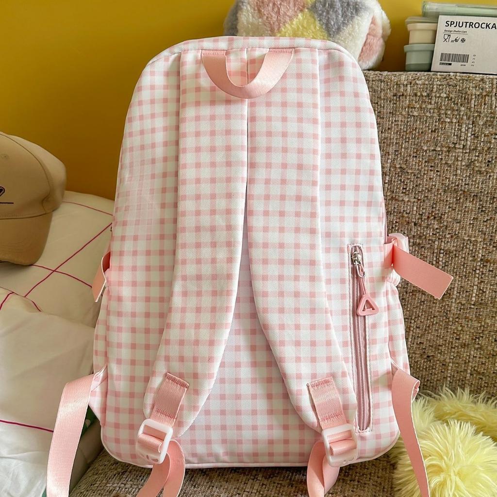 Schoolbag Korean Soft Pink Plaid Hit White Schoolbag Student Party Sweet Feeling Campus Class Shop Clock In Versatile Backpack