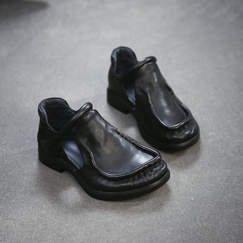 Johnature Sandales de Ville en Cuir Véritable Rétro Polyvalentes Peau de Vache Bout Rond Petit Talon Chaussures pour Femmes