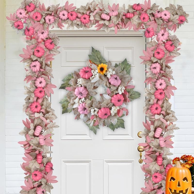 Faux Silk Pink Pumpkin Maple Leaf Hanging Ornament Fireplaces Mantels Seasonal Decoration for Family Gatherings