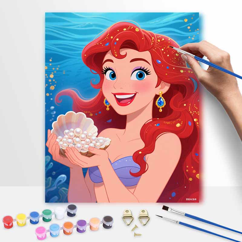 Disney digital oil painting art painting mermaid seashell pearls handmade diy home decorations 20x30cm