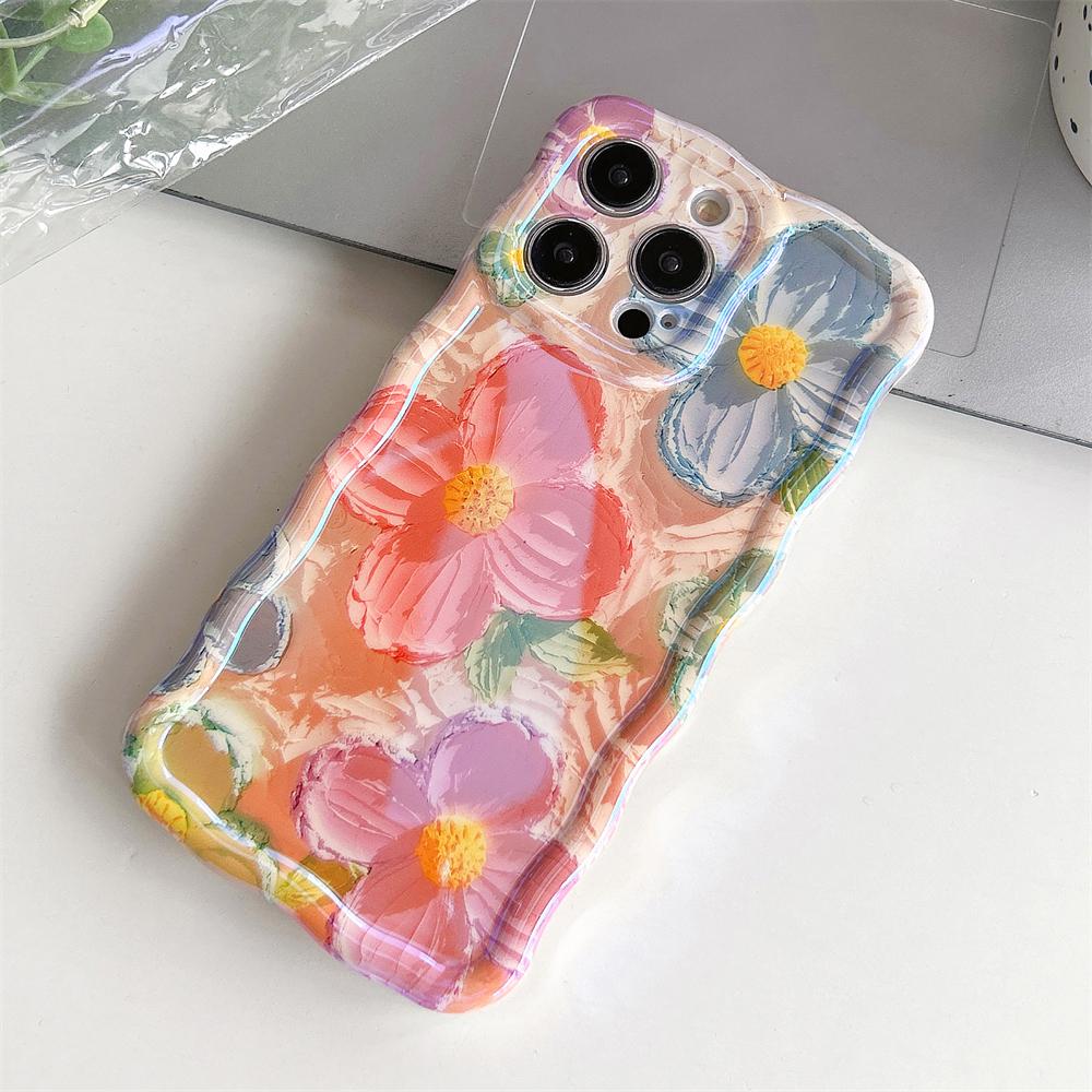 Laser Blue Light Flowers Case For iPhone 15 14 12 13 11 Pro Max Wavy Frame Pattern Camera Protection Shockproof Soft Cover Funda