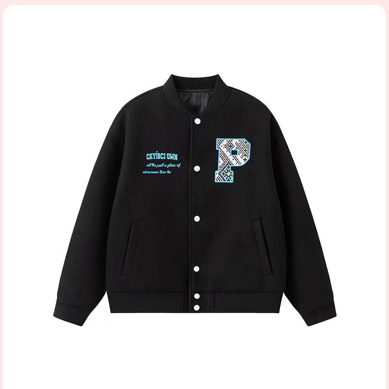 

Унисекс Куртка-бомбер в американском студенческом стиле, свободного кроя, с вышивкой, для весны и осени M чёрный
