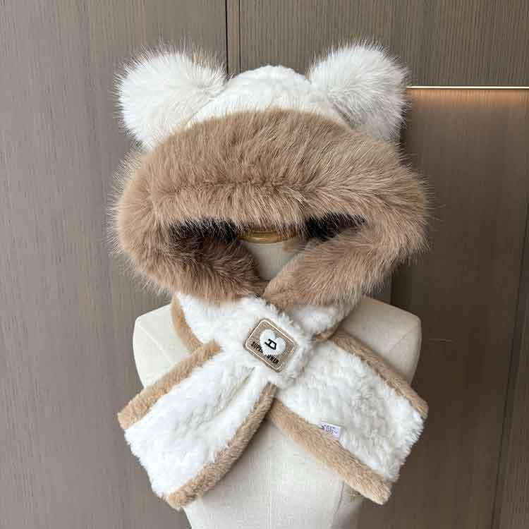 Winter New Bear Ears Women's Hat Scarf Integrated Two-piece Set Cute Plush Color Matching Student Cycling Ear Hat