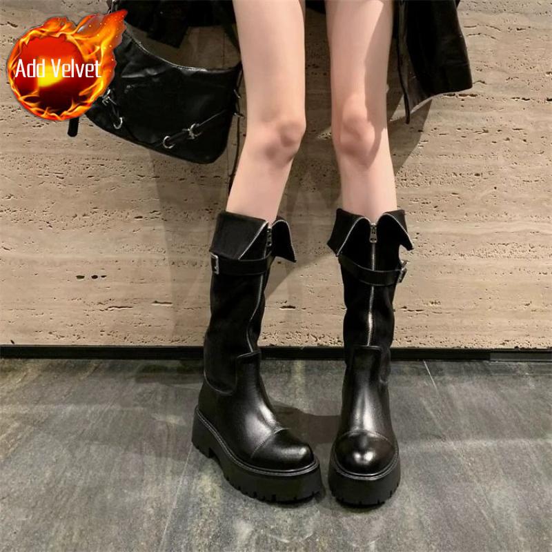 Fashion Black Belt Buckle Platform Knee High Shaft Shoes Woman Comfortable and Elegant Footwear New in Demi-season Long Boots for Women