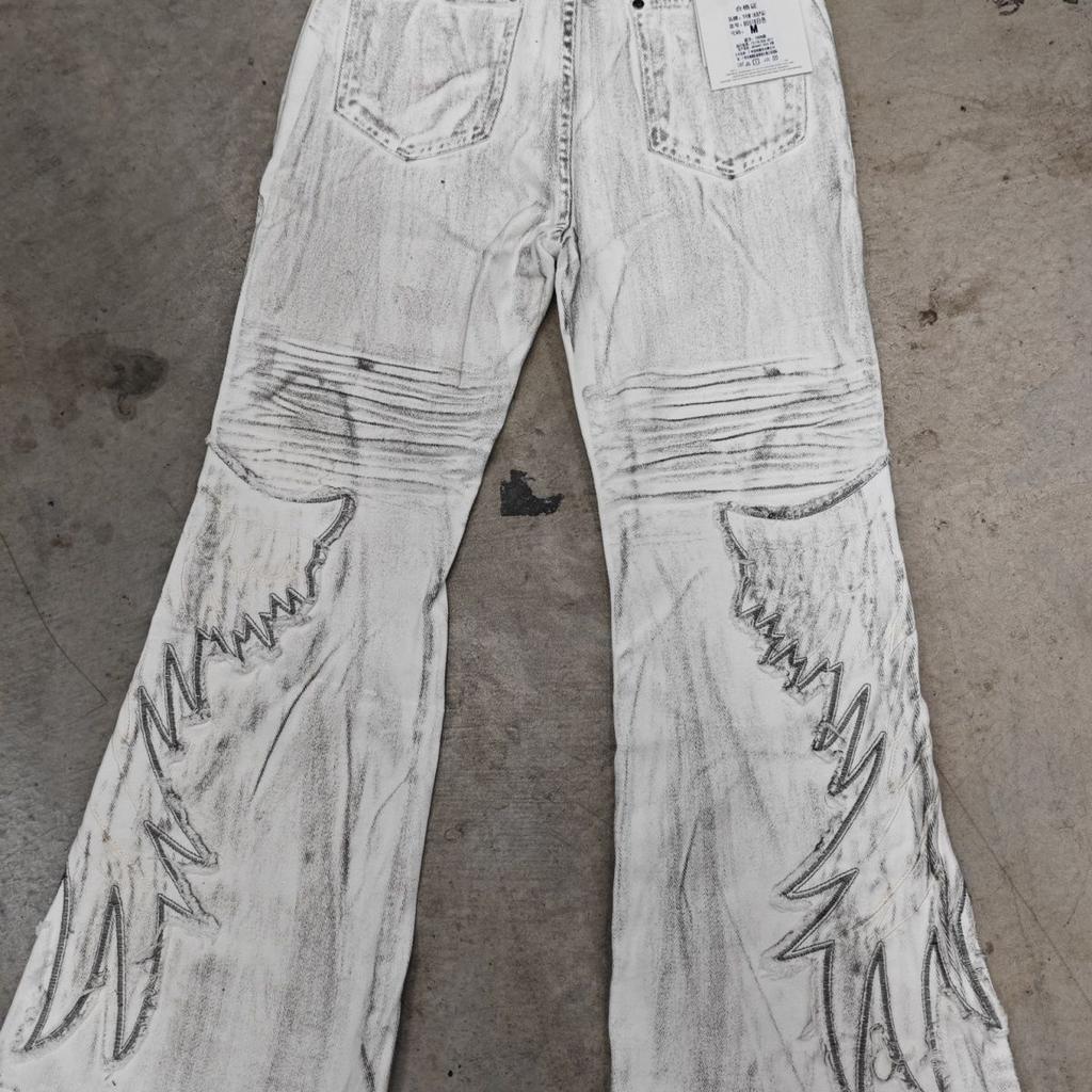 Retro Printed Wing Patch Women Jeans Punk Style Slim Fit Men and Women Bell Bottoms Floor Mopping Pants