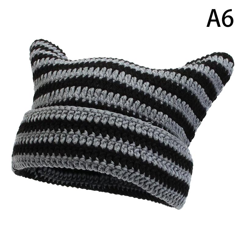 Japanese Streetwear Harajuku Beanie Little Devil Striped Knitted Hat Women Girls Autumn Winter Cute Cat Ears Cap