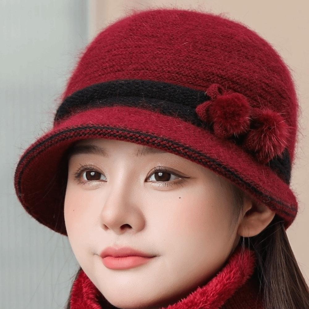 Windproof Floral Decor Hat Warm Knit Basin Cap Fashion Middle-aged Elderly Bucket Hat Winter