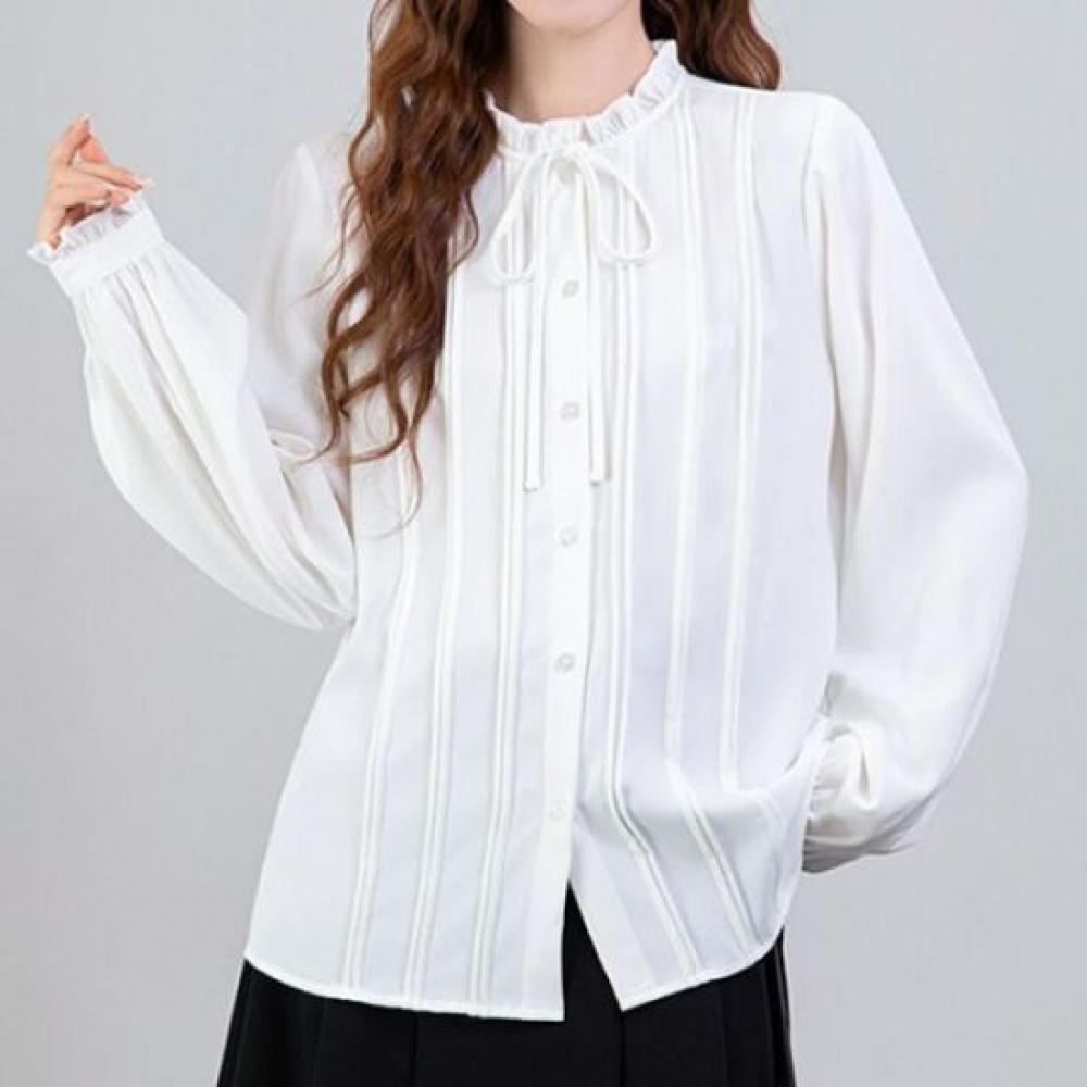 Navava Women Romantic Lovely Shirring Frill Ribbon Long Sleeve Blouse Nb3081