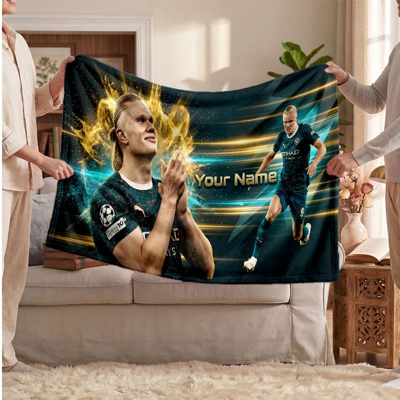 Erling Haaland Personalized Fleece Blanket With Football Logo, Custom Name Text Soft Warm Home Throw Blanket