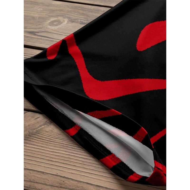 Modern Art Geometric Strip Print, Cross Hem Asymmetric Holiday Gift Women's Round Neck Three-quarter Sleeve T-shirt Spring and Summer