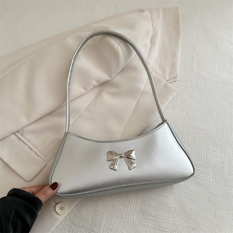 Chic Bowknot Korean Style Soft Leather Baguette Bag For Summer 2024 In Trendy Colors