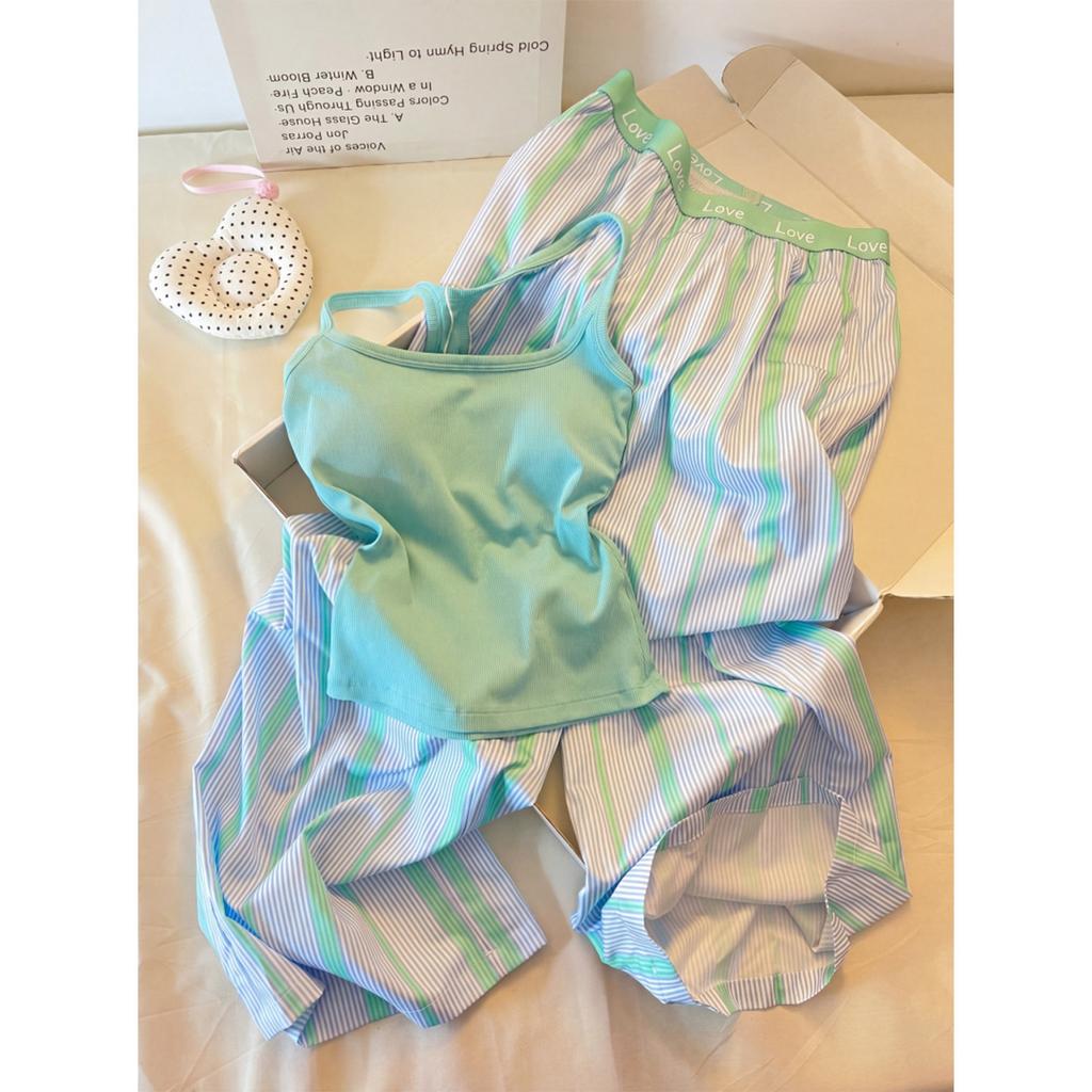 Summer pajamas with chest pads women's 1011 new Korean version can be worn outside striped shorts loungewear large size suit