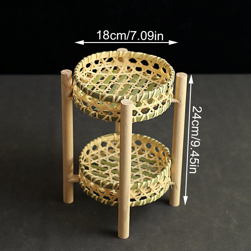 1set Multi Layered Basket Rustic Wooden Frame Fruit Basket For Home Kitchen Bamboo Weaving Basket Small 18/20cm