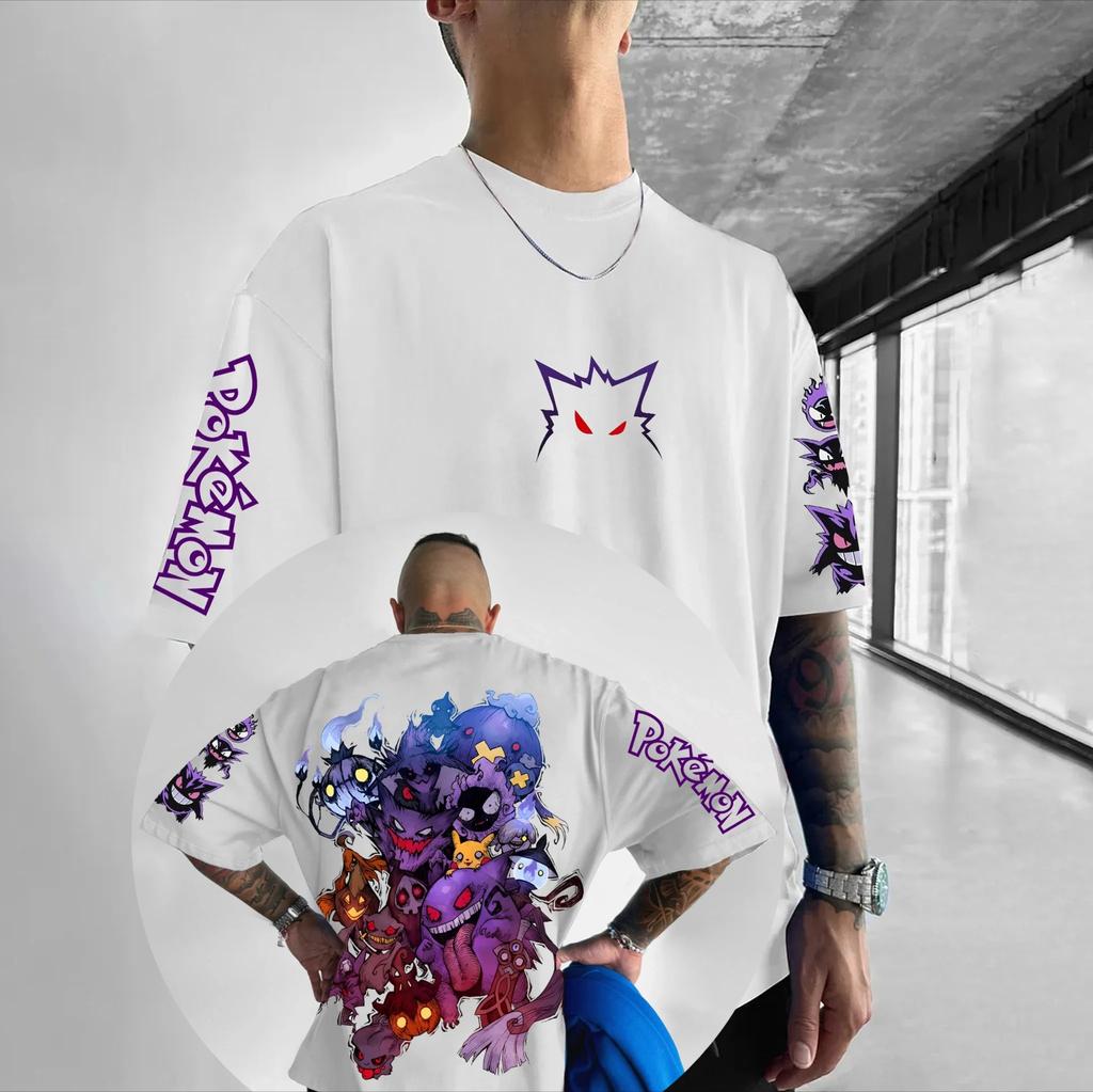 T-shirt Stampata Gengar Derivati Animazione Pokémon Uomo e Donna Estate 2025 Oversize Larga Cotone Street Trend Marca Top