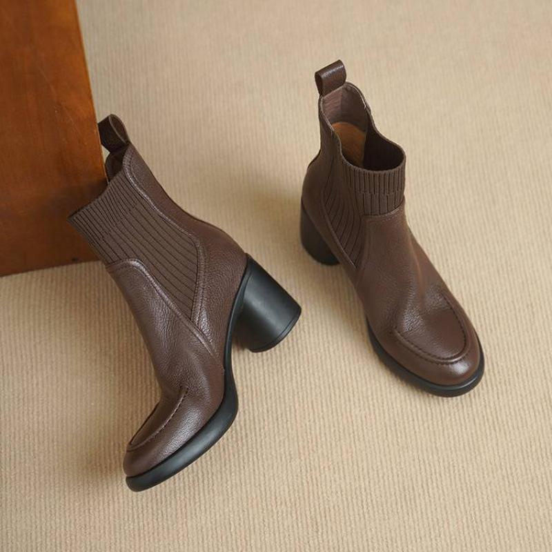 

New women s leather boots solid color rubber platform non-slip autumn and winter high heel large size women s boots leather sleeve fashion boots 40
