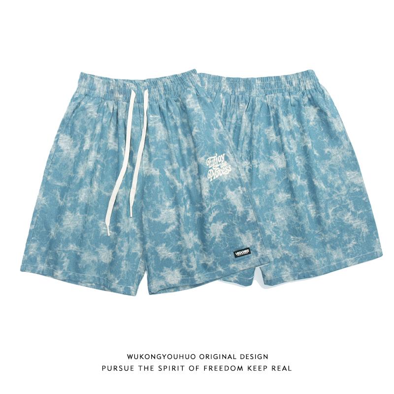 Tie-Dye Beach Shorts for Men, Ins Style, Hong Kong Style, Straight Casual Shorts, Summer Loose Fit, Outdoor Wear, Trendy Hip-Hop Five-Point Shorts