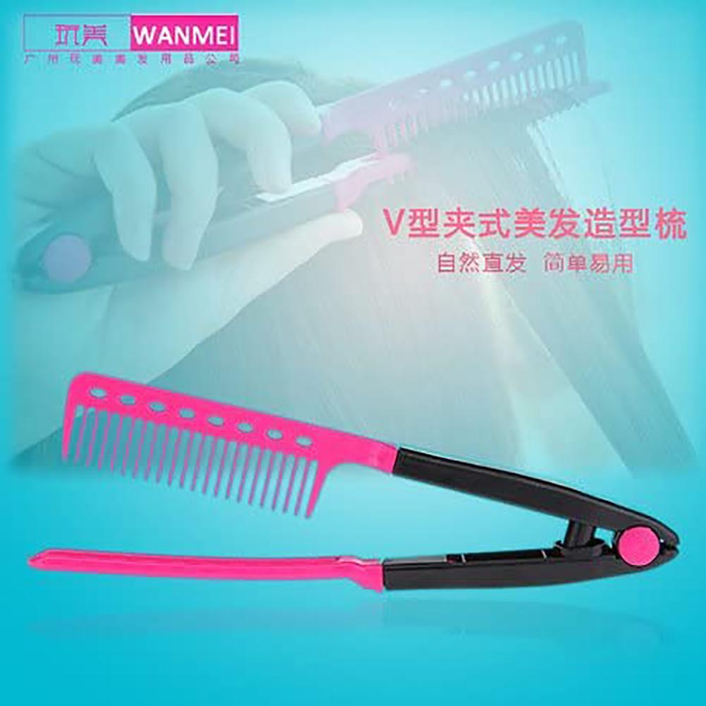 Hair Straighten Comb Haircut Anti static V Shape Comb Clip Clamp Hairdressing Styling Rose Red