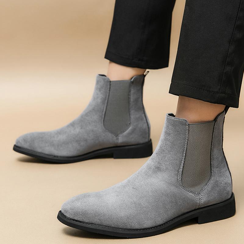 Tendance Rétro Hiver Nouveaux Bottines Chelsea Pointues en Cuir Daim Gris Pour Hommes Chaussures Plates Hautes Décontractées Zapatos Hombre