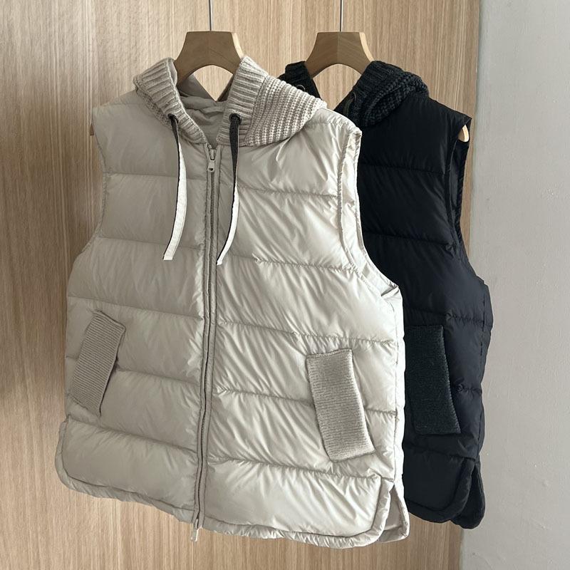 High Luxury White Goose Down Down Vest Women's 2025 Winter Fashion Lightweight Knitted Splicing Warm Vest Hooded Vest