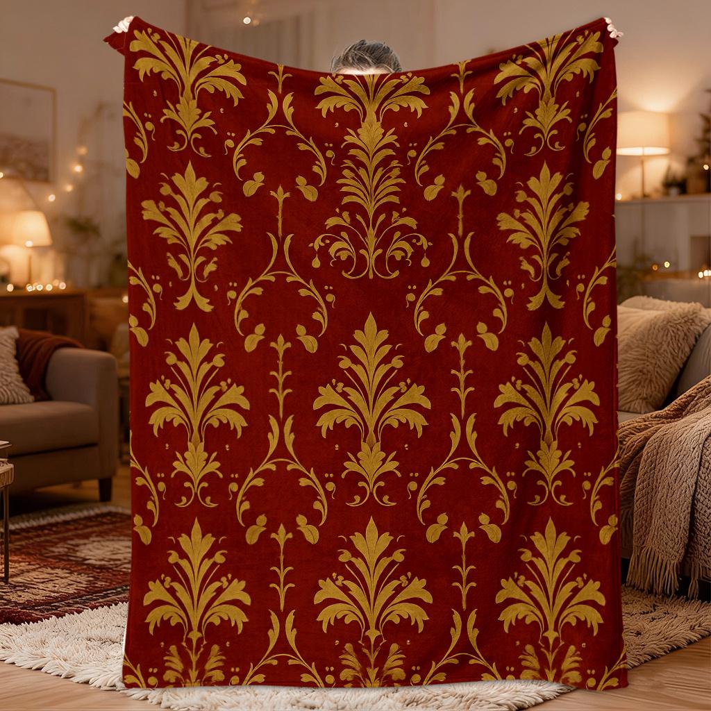 1pc Comfortable Red Flannel Blanket with Golden Floral Pattern, Soft Printed Cooling Blanket, Suitable for All Seasons, 100% Pol