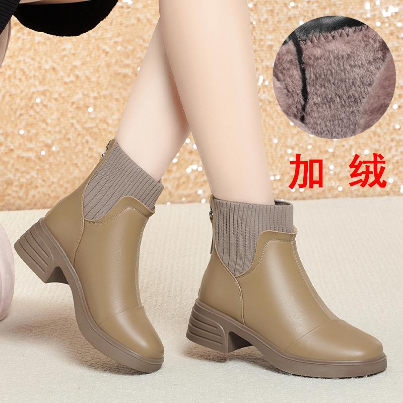 

Winter Ankle Elastic Sock Boots Women s Zipper Velvet Soft Leather Boots Round Toe British Style Warm Short Boots 35(Foot22.5cm)