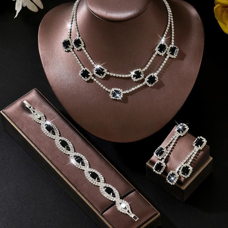 Zircon Square Fringed Earrings, Royal Style Earrings and Necklace, Luxurious Wedding Accessory
