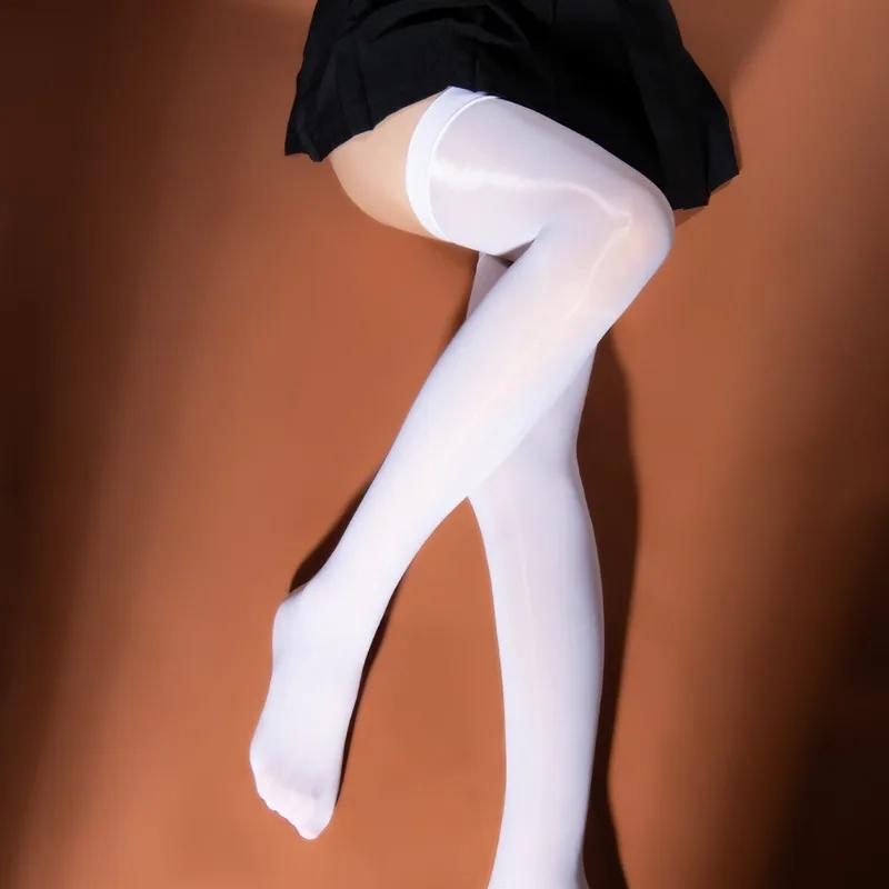 JK Stockings Long Tube Knee High Socks Women Oil Shiny White Silk Socks Translucent Ultra-thin Tights Girls Thigh High Stocking