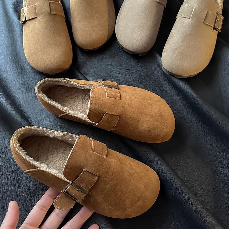 Birkenstock Shoes Women's 2025 New Winter Velvet All-inclusive Leather Spring and Autumn Single Shoes Flat-bottomed One-pedal Doudou Shoes Cotton Sho