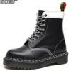 Martin Stiefel Werkzeugstiefel Damen Hartleder Schwarz-Weiß-Spleiß Kurzstiefel Damen und Herren Glänzende Lederstiefel Rund