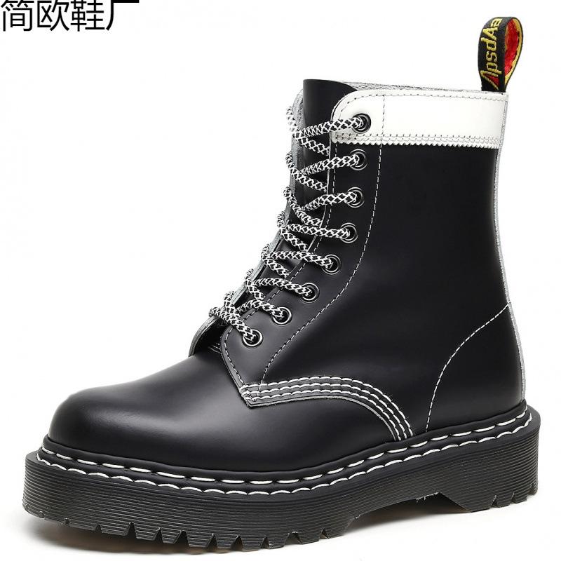 Martin Stiefel Werkzeugstiefel Damen Hartleder Schwarz-Weiß-Spleiß Kurzstiefel Damen und Herren Glänzende Lederstiefel Rund