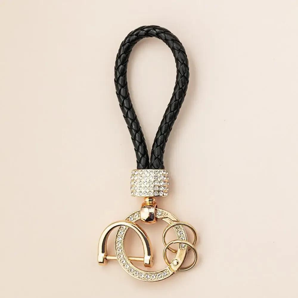 1pc Handcrafted Braided Rope Keychain Sparkling Rhinestones - Stylish Monochrome Car Key Ring Fashion-Forward Accessory