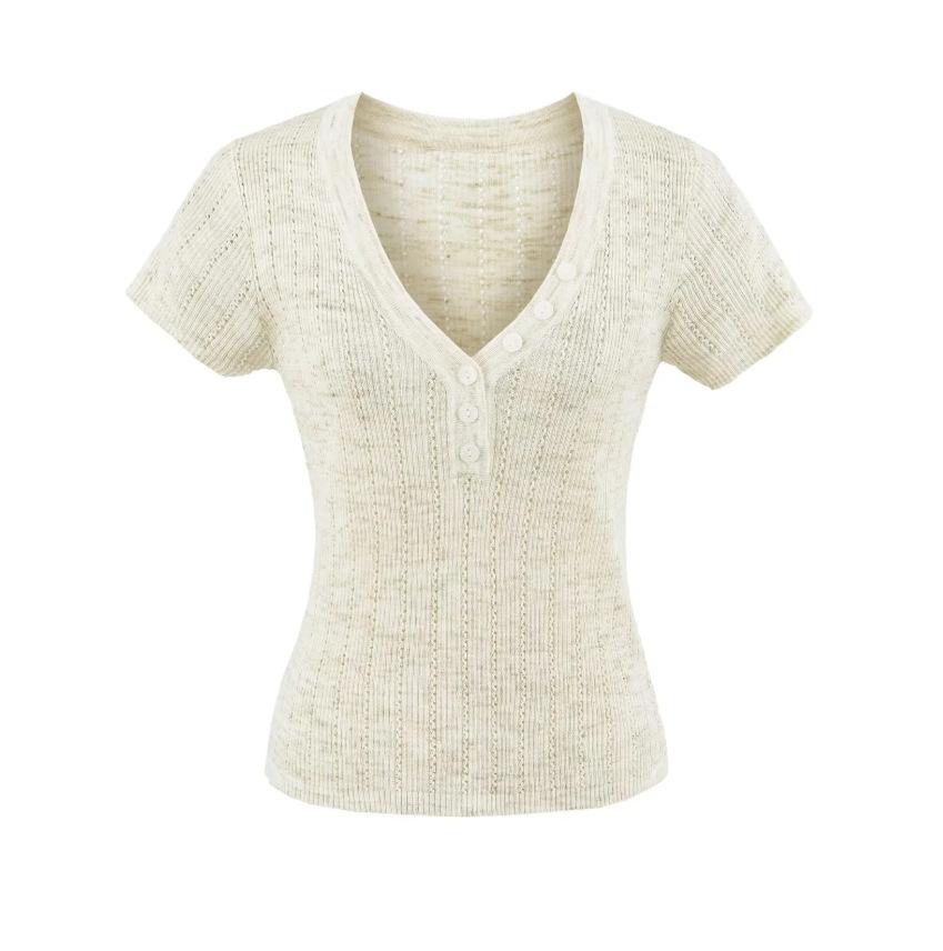 V-neck hollow short-sleeved T-shirt women's summer new American Spice Girl style solid color slim-fitting and thin bottoming shirt top