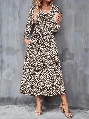 2025 Autumn and Winter New Women Casual Fashion Dress 3D Leopard Print Long Sleeve V-Neck A-Line Dresses