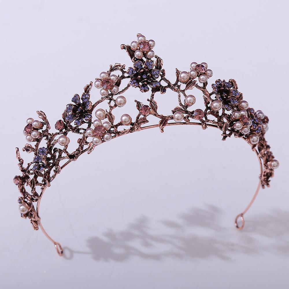 European and American Flowers Set with Black Diamonds, Pearls, Baroque Bridal Crown, Korean Wedding Birthday Headgear, Headband and Accessories